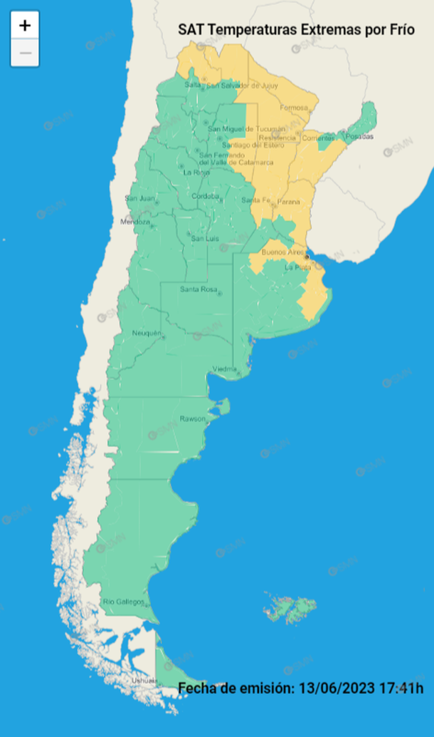 Mapa de alerta amarillo por frío en varias zonas del país. Fuente: Servicio Meteorológico Nacional. Mapa de alerta amarillo por frío en varias zonas del país. Fuente: Servicio Meteorológico Nacional.