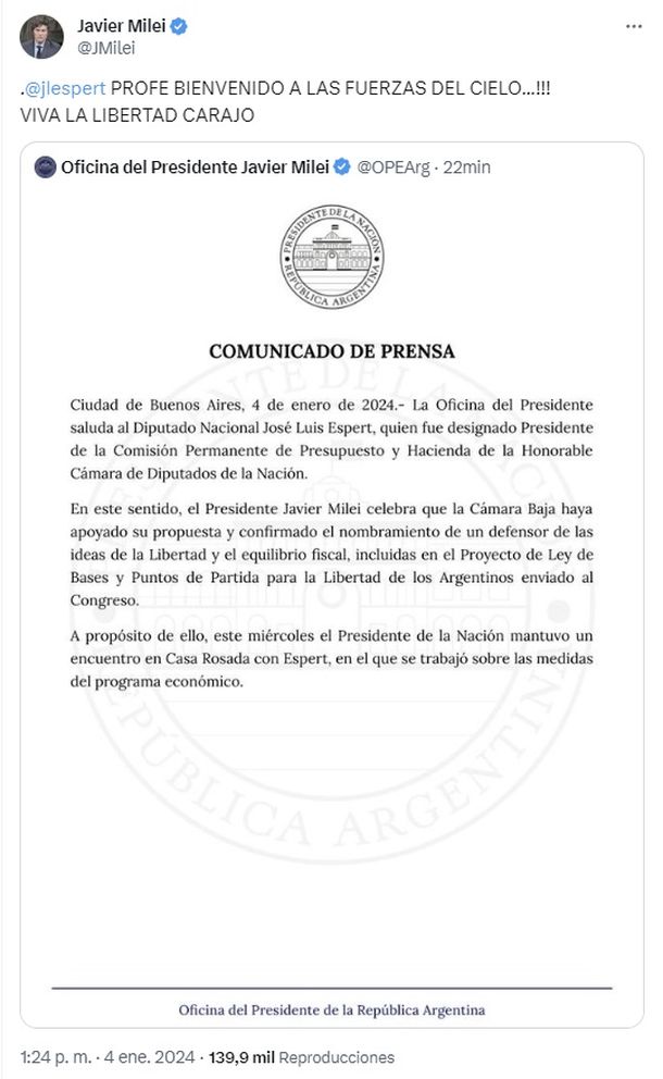 El mensaje del presidente Javier Milei tras la designación de José Luis Espert al frente de la Comisión de Presupuesto y Hacienda de la Cámara de Diputados El mensaje del presidente Javier Milei tras la designación de José Luis Espert al frente de la Comisión de Presupuesto y Hacienda de la Cámara de Diputados