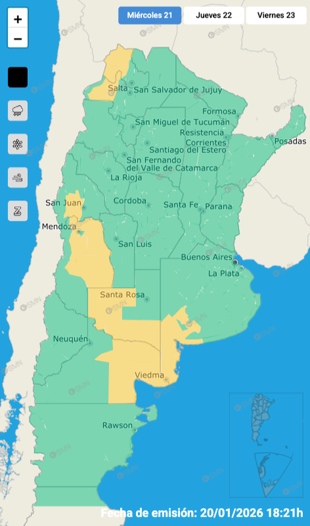 Alerta por tormentas y granizo para este mi&eacute;rcoles en Buenos Aires y varias zonas del pa&iacute;s. Fuente: Servicio Meteorol&oacute;gico Nacional.