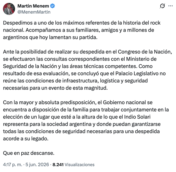 Martín Menem confirmó que no habilitaron el Congreso para el velorio de Indio Solari. Martín Menem confirmó que no habilitaron el Congreso para el velorio de Indio Solari.