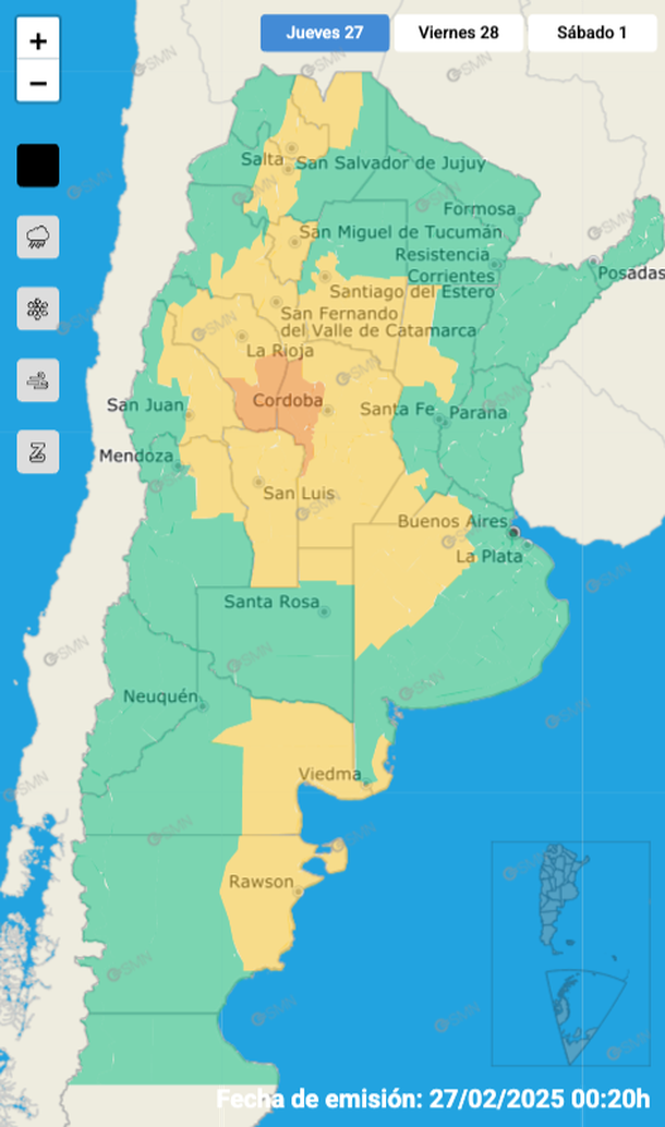 Alerta por tormentas fuertes y granizo en Buenos Aires y otras provincias. Fuente: Servicio Meteorológico Nacional.