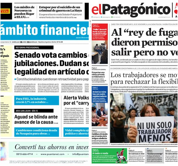 Tapas de diarios del jueves 30 de noviembre de 2017