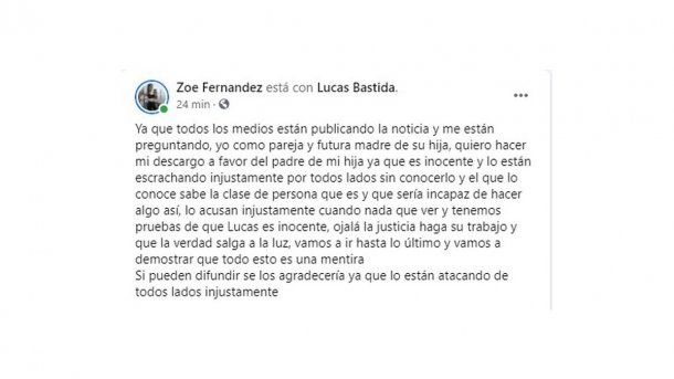 Descargo de la pareja de Lucas Bastida en Facebook.