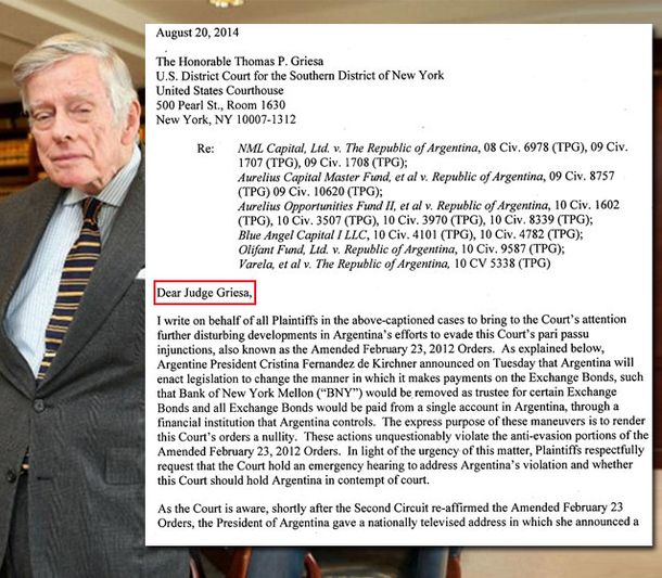 Querido Griesa: mirá la amistosa carta de los fondos buitre al juez de Nueva York
