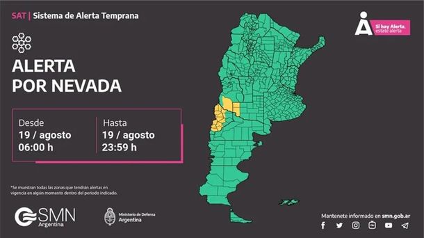 ALERTA METEOROLÓGICA POR FRÍO, LLUVIAS Y NEVADAS EN 20 LOCALIDADES DEL PAÍS