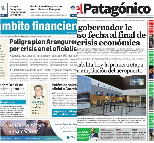 Tapas de diarios del lunes 23 de abril de 2018