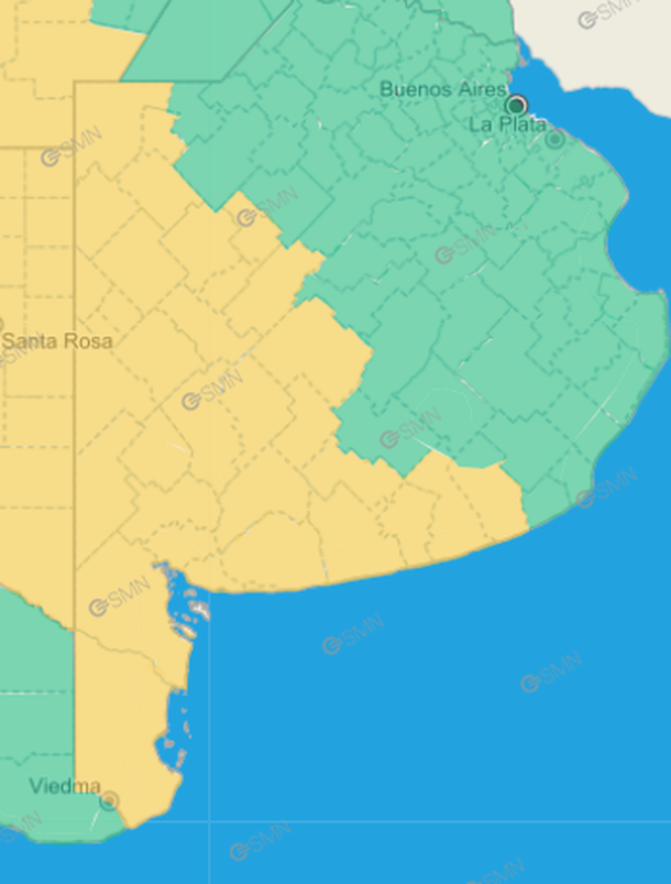 Mapa de alerta por frío en Buenos Aires. Fuente: Servicio Meteorológico Nacional. Mapa de alerta por frío en Buenos Aires. Fuente: Servicio Meteorológico Nacional.