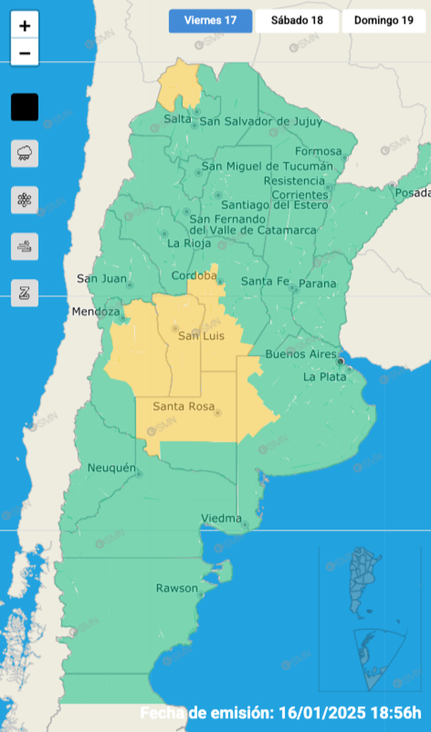 Alerta por tormentas fuertes y granizo en Buenos Aires y otras cinco provincias. Fuente: Servicio Meteorológico Nacional. Alerta por tormentas fuertes y granizo en Buenos Aires y otras cinco provincias. Fuente: Servicio Meteorológico Nacional.