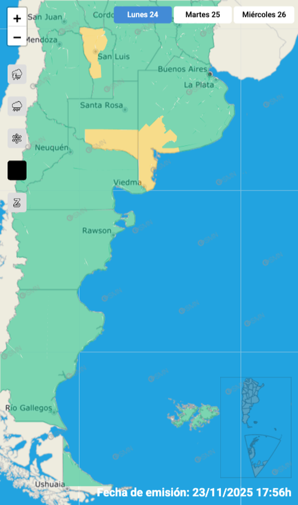 Mapa de alerta por viento fuerte en Buenos Aires y otras provincias. Fuente: Servicio Meteorológico Nacional. Mapa de alerta por viento fuerte en Buenos Aires y otras provincias. Fuente: Servicio Meteorológico Nacional. 