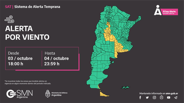 Alerta por viento fuerte en Buenos Aires y otras cuatro provincias. Fuente: Servicio Meteorológico Nacional. Alerta por viento fuerte en Buenos Aires y otras cuatro provincias. Fuente: Servicio Meteorológico Nacional.