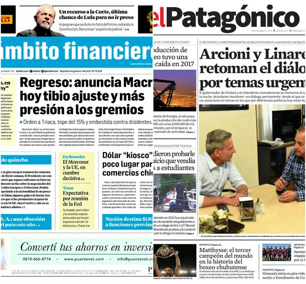 Tapas de diarios del lunes 29 de enero de 2018