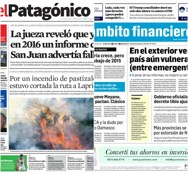 Tapas de diarios del jueves 1 de febrero de 2018