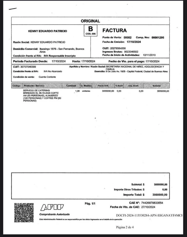La factura por la compra de la cafetera que hizo el Ministerio de Capital Humano.