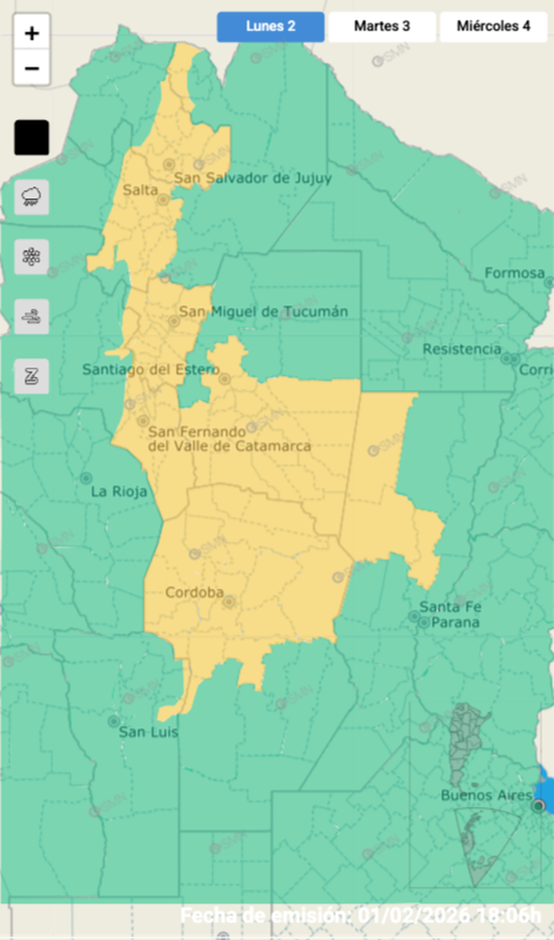Mapa de alerta por tormentas fuertes con granizo. Fuente: Servicio Meteorológico Nacional. Mapa de alerta por tormentas fuertes con granizo. Fuente: Servicio Meteorológico Nacional.