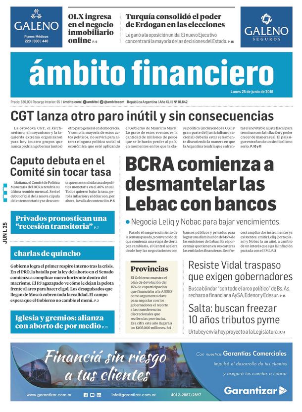 Tapas de diarios del lunes 25 de junio de 2018