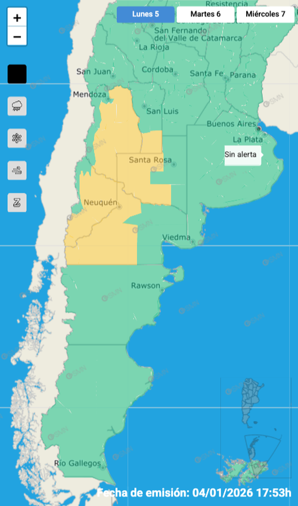 Zonas con alerta por tormentas y granizo este lunes. Fuente: Servicio Meteorol&oacute;gico Nacional.&nbsp;