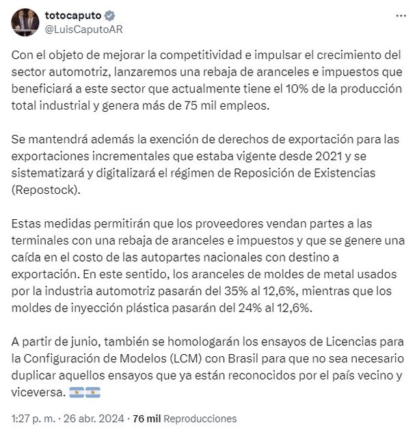 Los anuncios de Luis Caputo para la industria automotriz Los anuncios de Luis Caputo para la industria automotriz