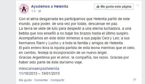 Murió Helenita Galbán tras el segundo trasplante