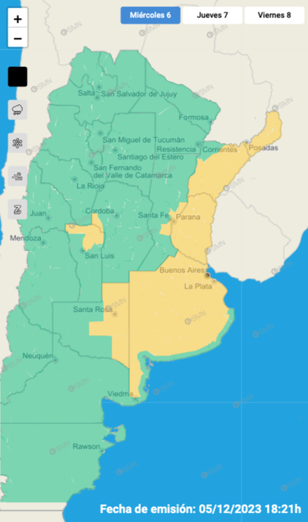 Mapa de alertas por tormentas y granizo en Buenos Aires y otras siete provincias. Fuente: Servicio Meteorológico Nacional. Mapa de alertas por tormentas y granizo en Buenos Aires y otras siete provincias. Fuente: Servicio Meteorológico Nacional.