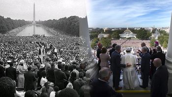 A la izquierda, el discurso de Luther King frente al Lincoln Memorial (1963); a la derecha, el papa Francisco ovacionado por una multitud en la plaza del Capitolio. A la izquierda, el discurso de Luther King frente al Lincoln Memorial (1963); a la derecha, el papa Francisco ovacionado por una multitud en la plaza del Capitolio.