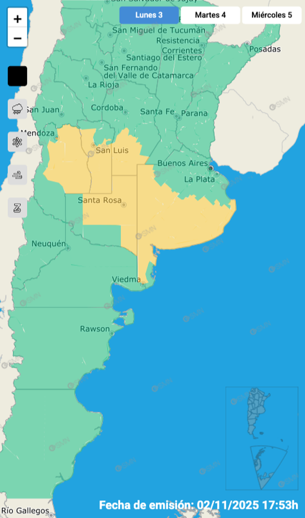 Alerta por tormentas y granizo en Buenos Aires y otras provincias. Fuente: Servicio Meteorológico Nacional.