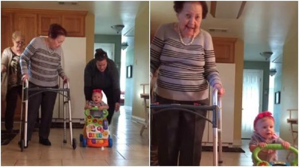 VIDEO: Una abuela de 95 años le enseña a caminar a su bisnieta