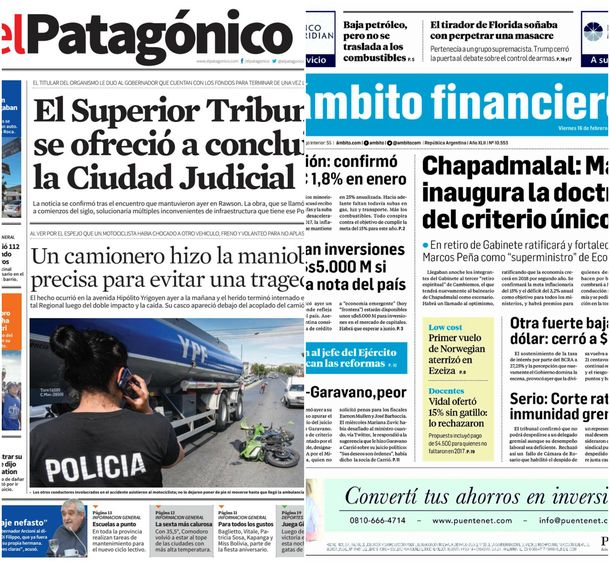 Tapas de diarios del viernes 16 de febrero de 2018