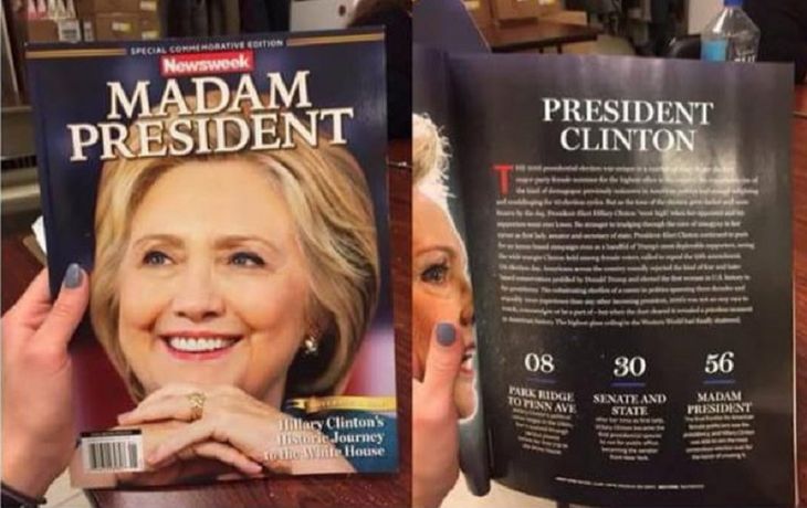 El interior de la revista Newsweek que estaba preparada con el triunfo de Hillary Clinton
