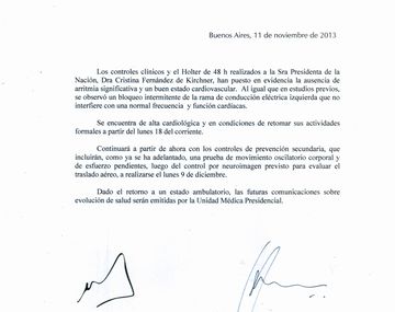 Este es el nuevo parte médico de Cristina Fernández