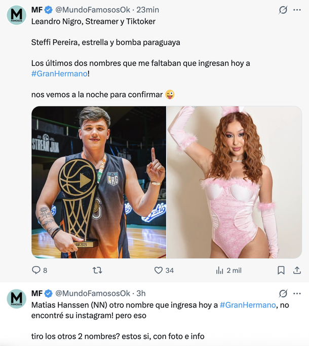 Quiénes entran hoy en el repechaje de Gran Hermano según la cuenta @MundoFamososOk Quiénes entran hoy en el repechaje de Gran Hermano según la cuenta @MundoFamososOk