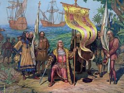 Cristóbal Colón —en el marco de su primer viaje a América— arriba a la isla La Española en 1492. Cristóbal Colón —en el marco de su primer viaje a América— arriba a la isla La Española en 1492.