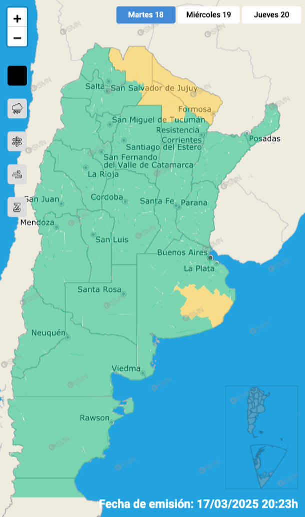 Alerta por tormentas y granizo en Buenos Aires, Salta, Formosa y Chaco. Fuente: Servicio Meteorológico Nacional.