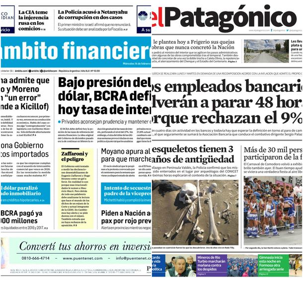 Tapas de diarios del miércoles 14 de febrero de 2018