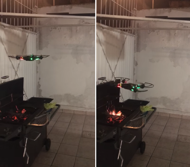Intentó avivar el fuego de asado con un drone pero lo terminó cocinando