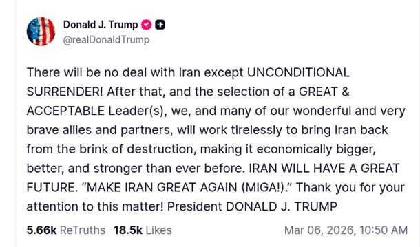 Donald Trump exigió la rendición incondicional de Irán tras una semana de ataques de Estados Unidos e Israel