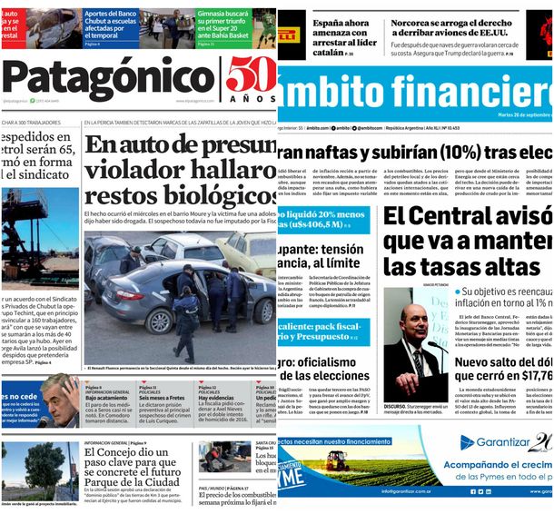 Tapas de diarios del martes 26 de septiembre de 2017