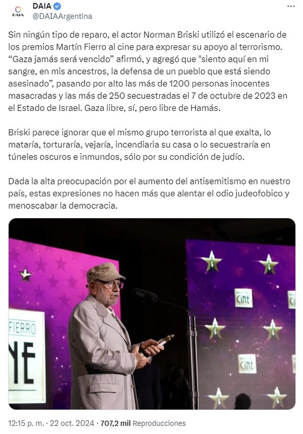 Contundente repudio de la DAIA a Norman Briski por sus palabras en los Martín Fierro de Cine Contundente repudio de la DAIA a Norman Briski por sus palabras en los Martín Fierro de Cine