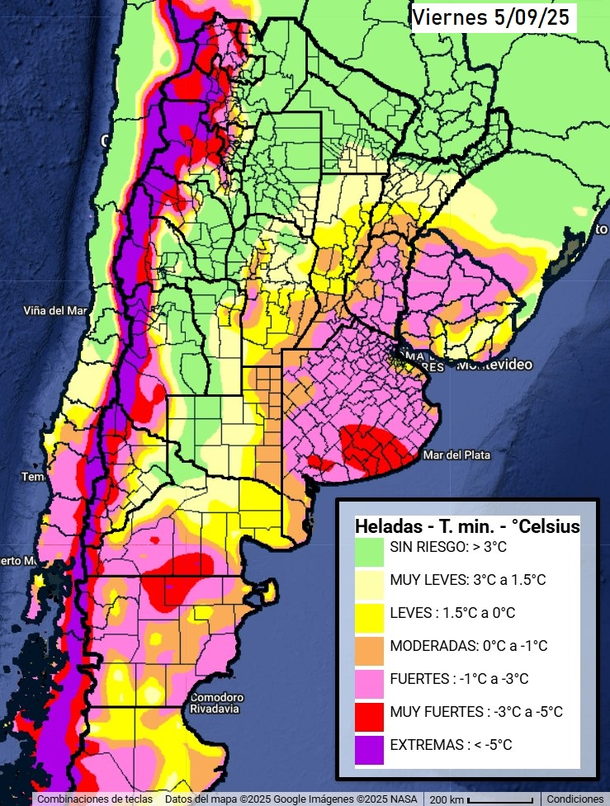 Mapa de la ola de fr&iacute;o polar para todo el pa&iacute;s, con posibles heladas en Buenos Aires. Fuente: Eduardo Rollero.