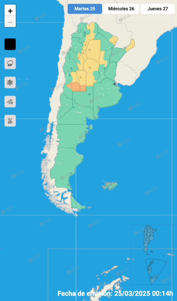 Alerta por tormentas fuertes y granizo en once provincias. Fuente: Servicio Meteorológico Nacional. 