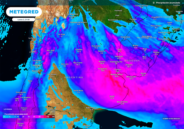 El mapa de la ciclogénesis con lluvias y tormentas en Buenos Aires. Fuente: Meteored. El mapa de la ciclogénesis con lluvias y tormentas en Buenos Aires. Fuente: Meteored.