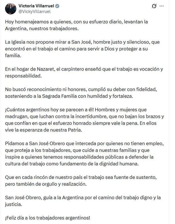 El mensaje de Victoria Villarruel por el D&iacute;a del Trabajador.