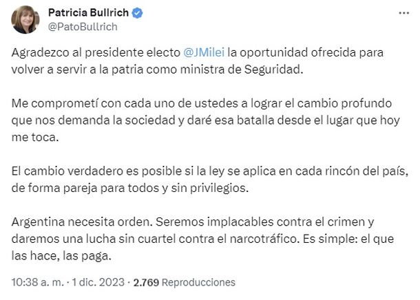 El mensaje de Patricia Bullrich tras ser confirmada como ministra de Seguridad del gobierno de Javier Milei