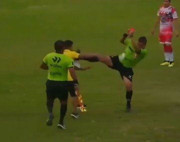 Impactante: un árbitro evitó ser agredido por un DT con una patada