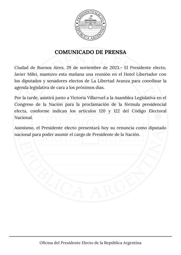 Comunicado de la Oficina del Presidente Javier Milei sobre su renuncia a su cargo en Diputados Comunicado de la Oficina del Presidente Javier Milei sobre su renuncia a su cargo en Diputados