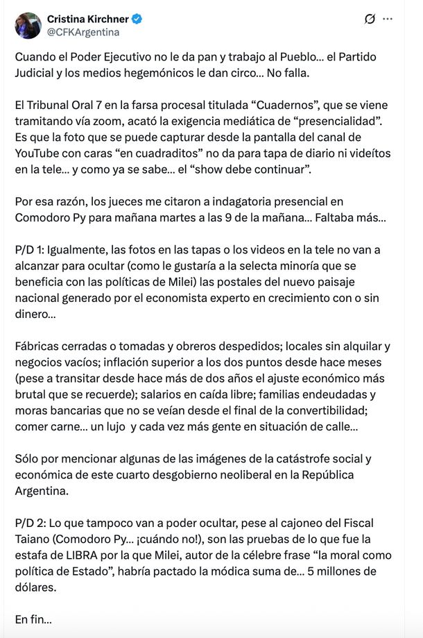 El nuevo tuit de Cristina Kirchner contra Javier Milei. El nuevo tuit de Cristina Kirchner contra Javier Milei.
