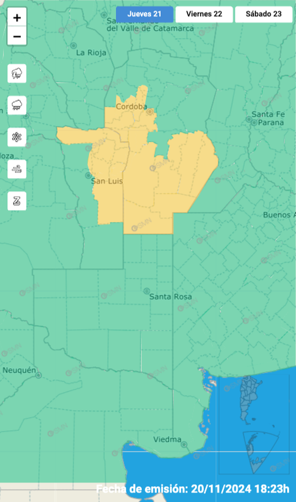 Alerta por tormentas y granizo este jueves 21 de noviembre. Fuente: Servicio Meteorológico Nacional. Alerta por tormentas y granizo este jueves 21 de noviembre. Fuente: Servicio Meteorológico Nacional.