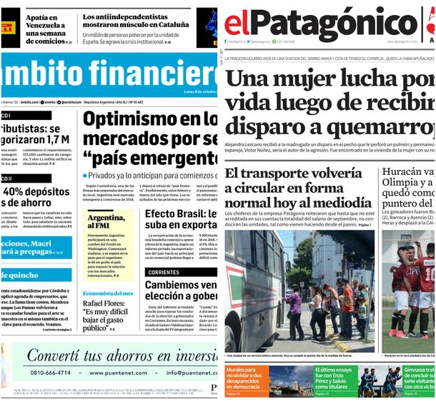 Tapas de diarios del lunes 9 de octubre de 2017