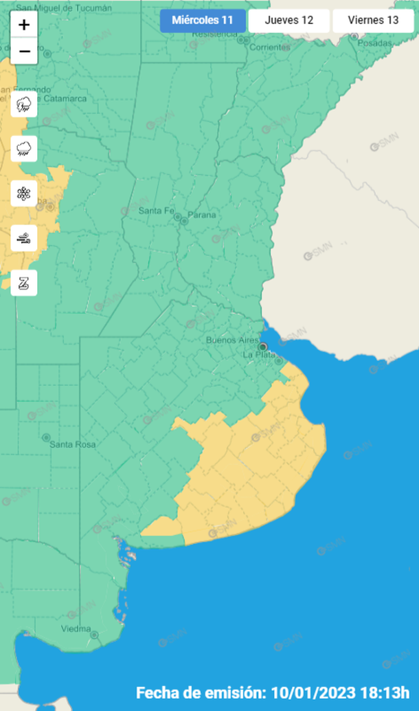 Mapa de alertas por tormenta y granizo en Buenos Aires. Fuente: Servicio Meteorológico Nacional.