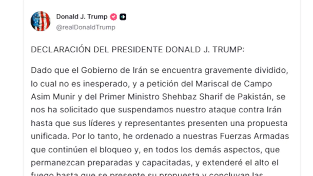 El mensaje de Donald Trump sobre la pr&oacute;rroga del alto el fuego con Ir&aacute;n.