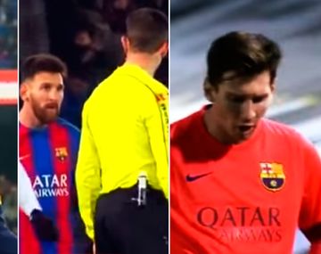 Messi insultando a árbitros con la camiseta del Barcelona